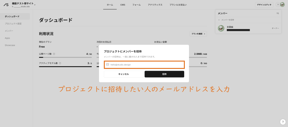 Studioメンバー招待メールアドレス入力画面